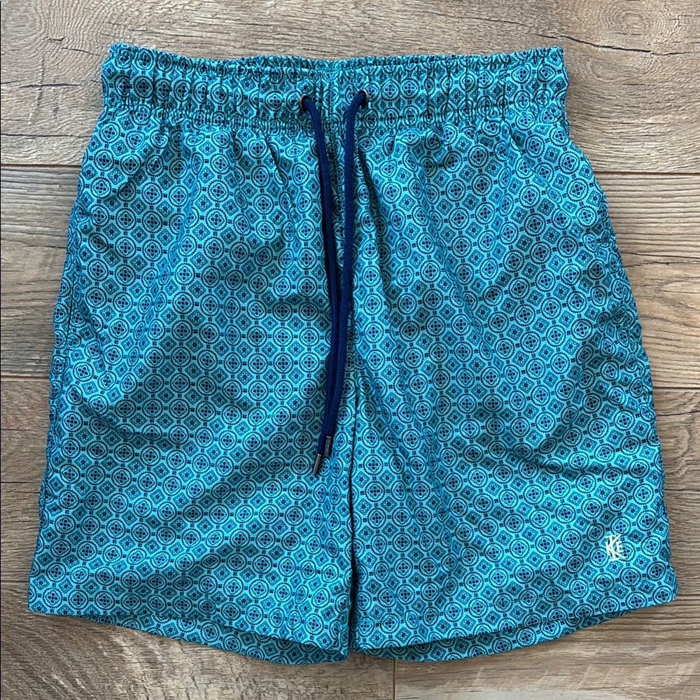Ike by Ike Behar swim trunks blueish green geometric design men's sz S